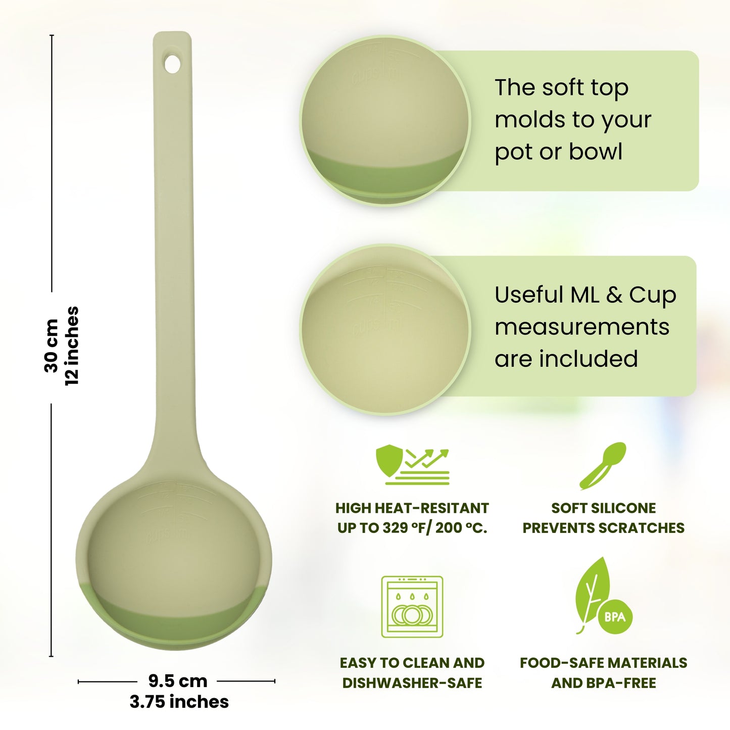 SCOUPS Soft Top Silicone Kitchen LADLE Spoon - Sage & Lime