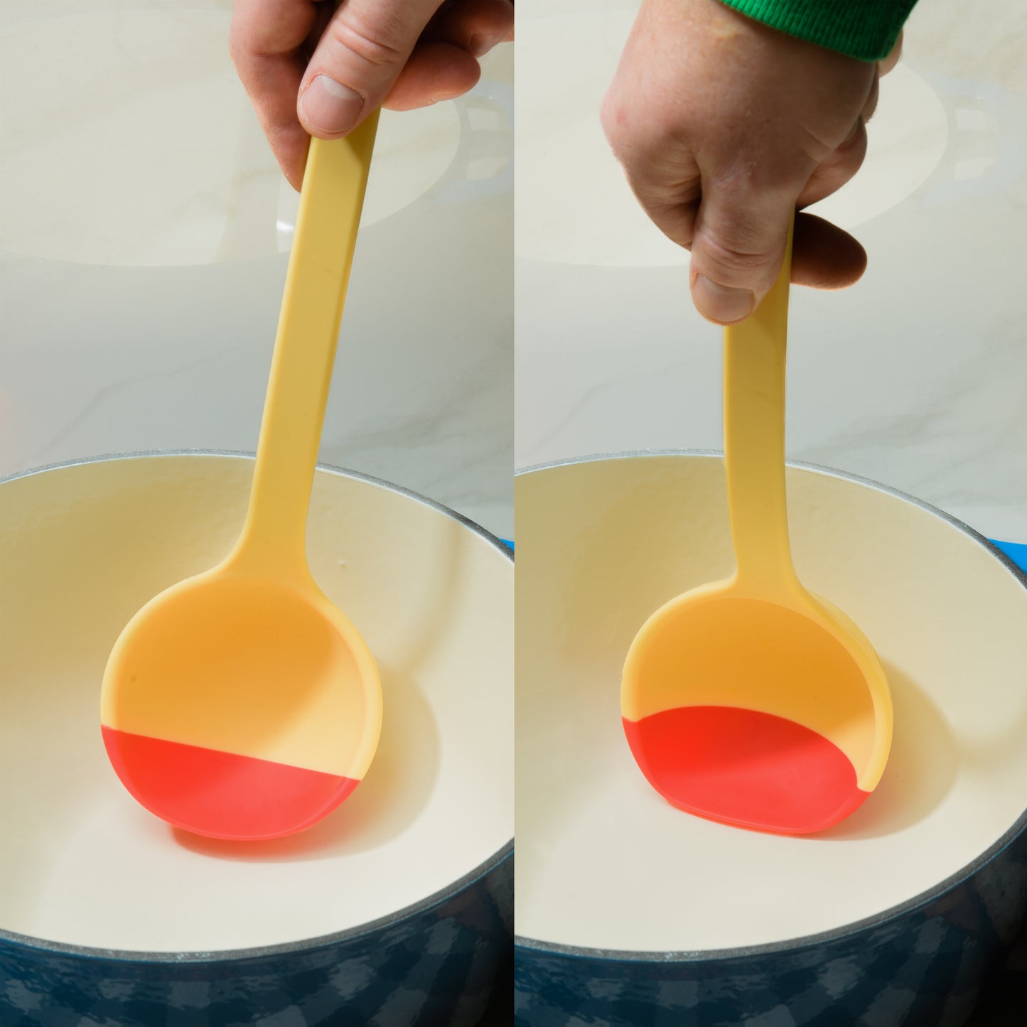 SCOUPS Soft Top Silicone Kitchen Ladle Spoon - Rhubarb & Custard - Side by Side in Pot