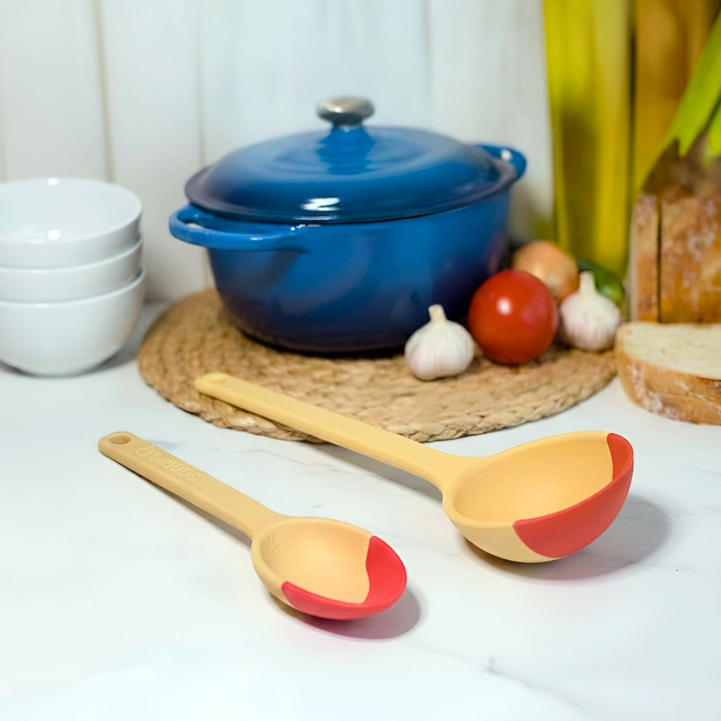 LADLE & SERVING SPOON Combo - SCOUPS Soft Tip Silicone Kitchen Tools - Rhubarb & Custard