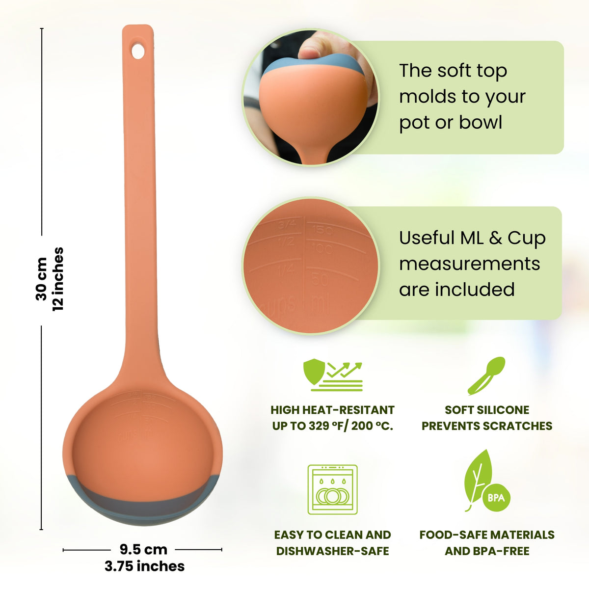 Built-in measuring markings inside silicone ladle