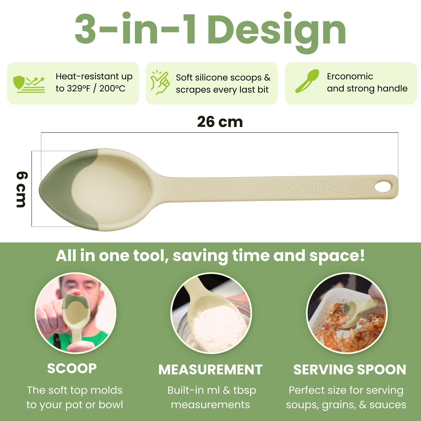 LADLE & SERVING SPOON Combo - SCOUPS Soft Tip Silicone Kitchen Tools - Sage & Lime