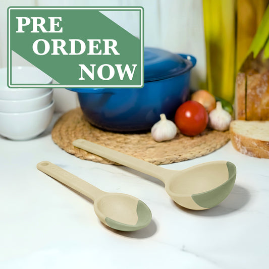 LADLE & SERVING SPOON Combo - SCOUPS Soft Tip Silicone Kitchen Tools - Sage & Lime