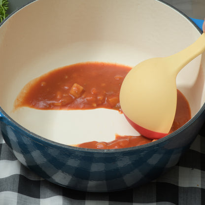 SCOUPS Soft Top Silicone Kitchen Ladle Spoon - Rhubarb & Custard - Action Shot 1