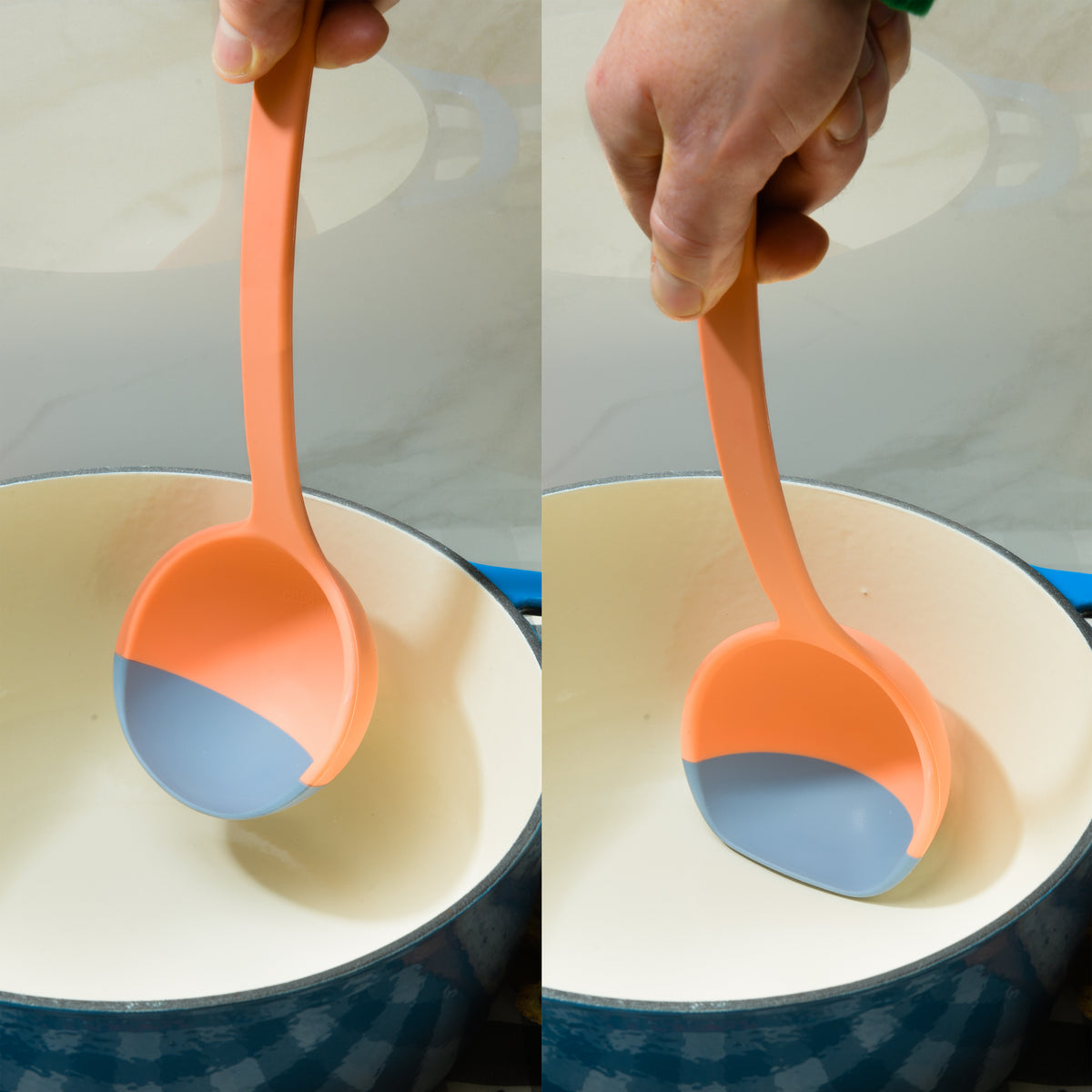 Colorful silicone ladle in an everyday kitchen setting