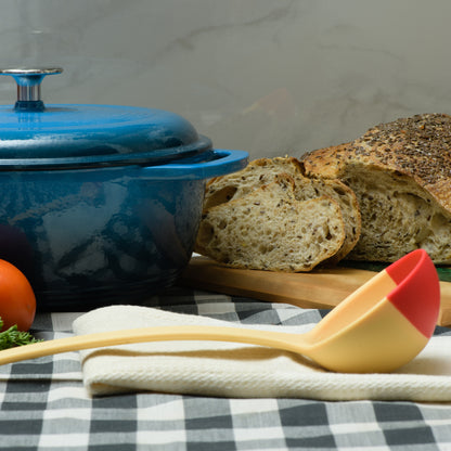 SCOUPS Soft Top Silicone Kitchen Ladle Spoon - Rhubarb & Custard - Lifestyle Dinner Prep