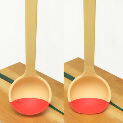 SCOUPS Soft Top Silicone Kitchen Ladle Spoon - Rhubarb & Custard - Side by Side Cup Usage
