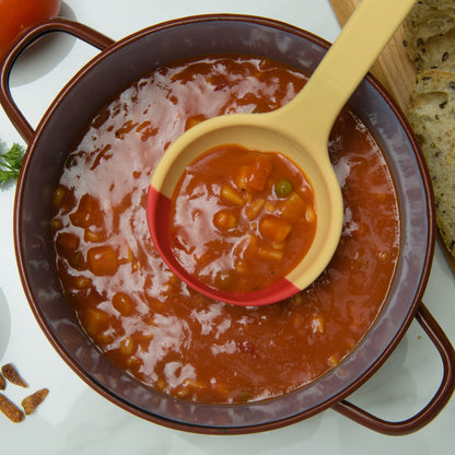 SCOUPS Soft Top Silicone Kitchen Ladle Spoon - Rhubarb & Custard - Scooping Soup from Pot